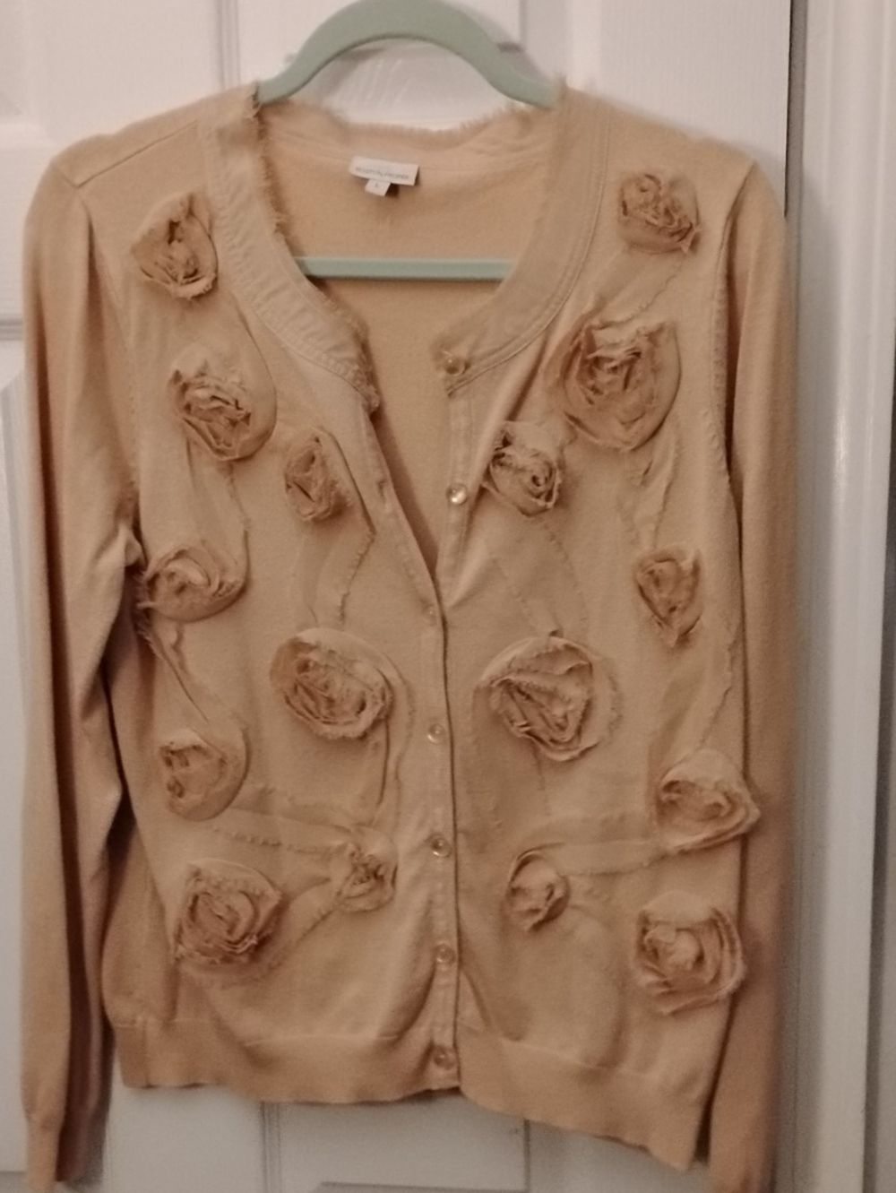 Boston Proper Beige Floral Applique Cardigan